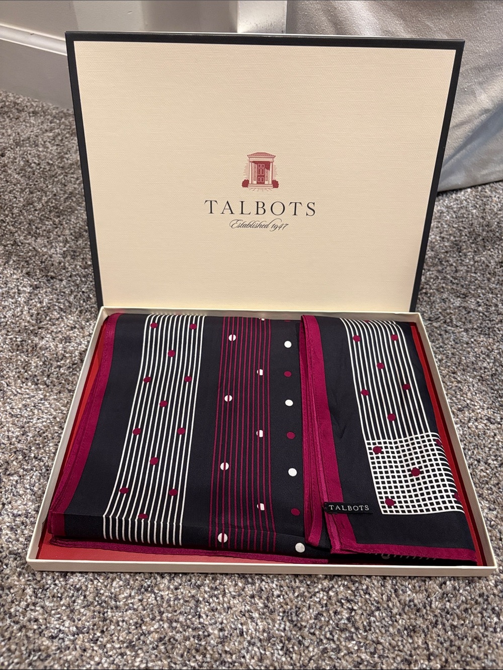 Talbots Navy and Magenta Geometric Silk Scarf